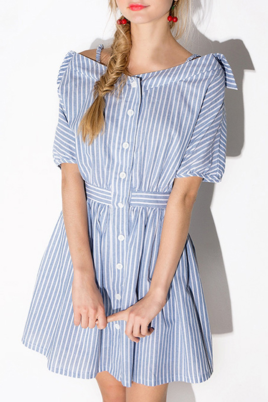 

Women's Single Breasted Striped Short Sleeve Cold Shoulder Mini Shirt, Blue