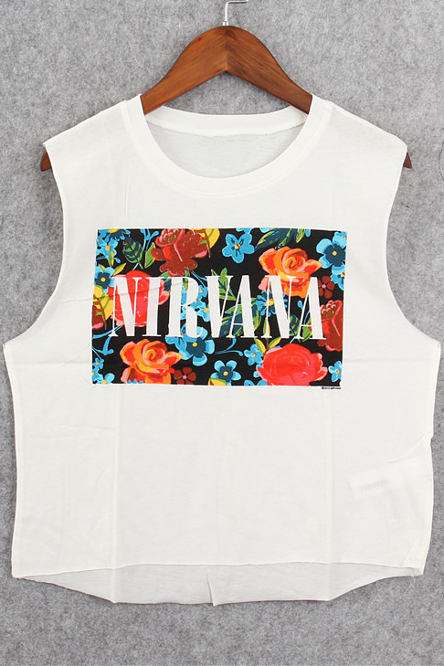 

Casual Sleeveless Floral Printed Round Neck Graphic Tee, White