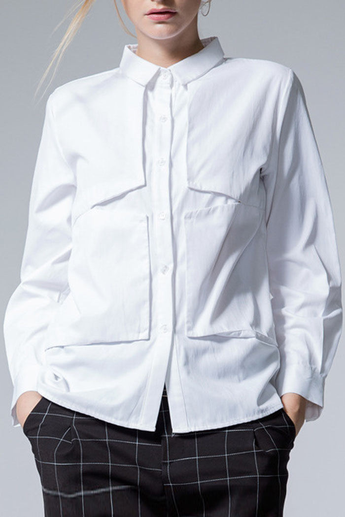 

New Design Stylish Cutting Lapel Collar Long Sleeve Buttons Down Plain, White