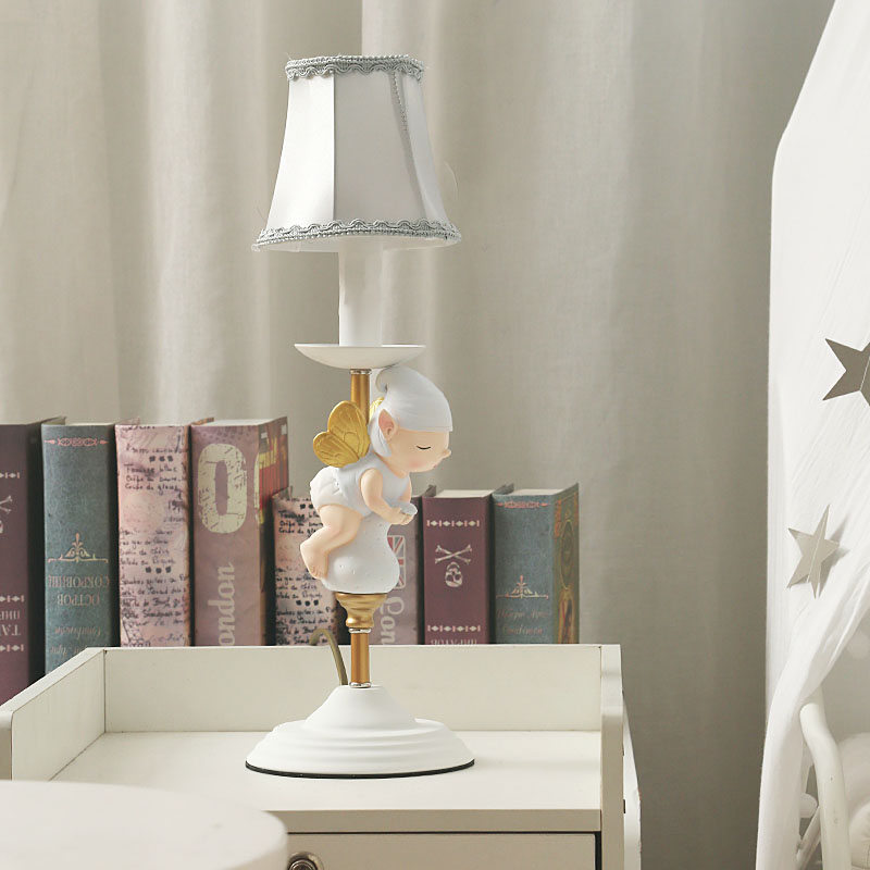 Resin Baby Angel Nightstand Light Kids 1 Light White And Gold Table Lamp With Bell Fabric Shade Beautifulhalo Com