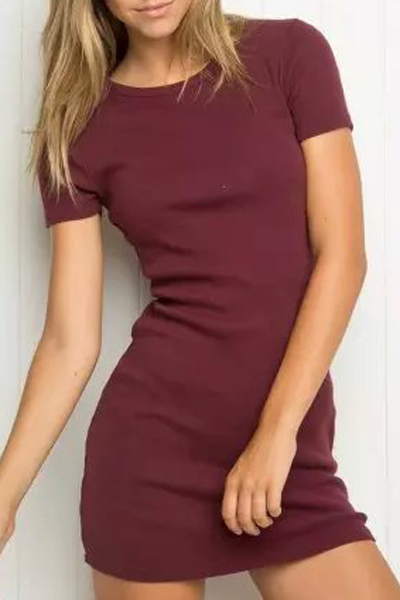 

Slim Fashion Round Neck Short Sleeve Plain Mini T-Shirt Dress, Burgundy