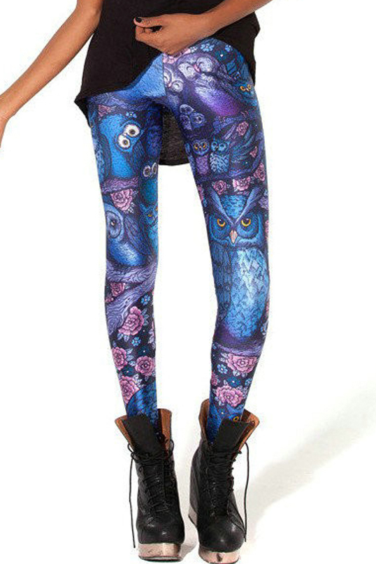 

Various Owls and Flowers Floral Skinny Leggings, Blue