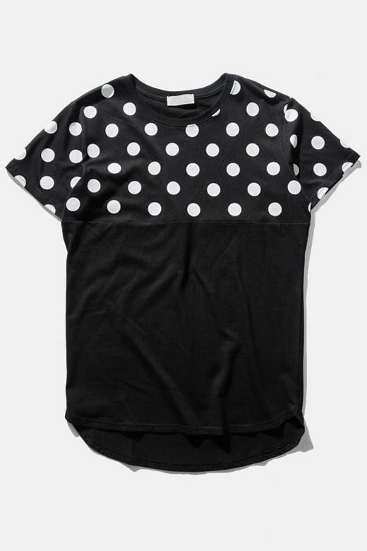 

Polka Dot Patchwork Short Sleeve Dip Curved Hem Tee, Black