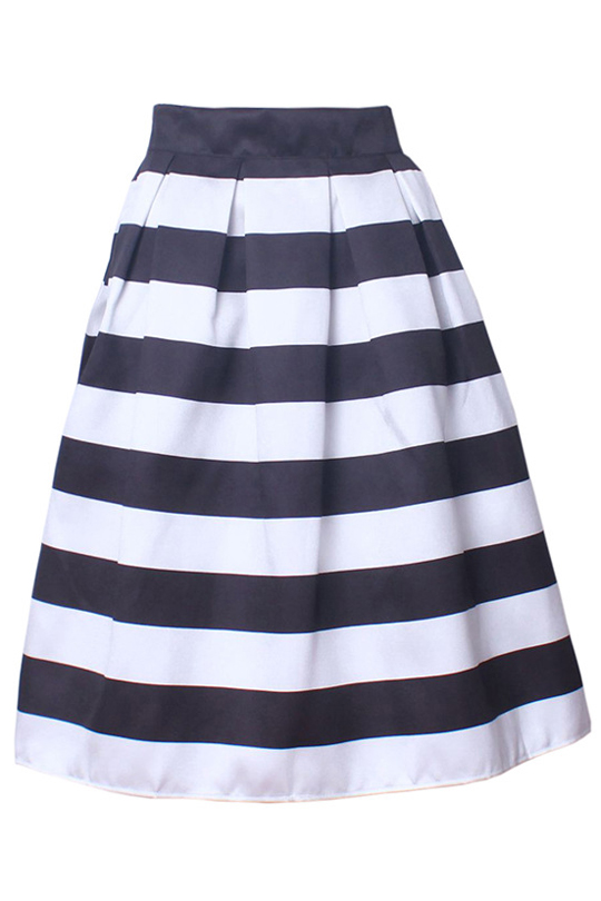 

Women's Striped Printed Pleated Flared A-Line Midi Skirt, Black