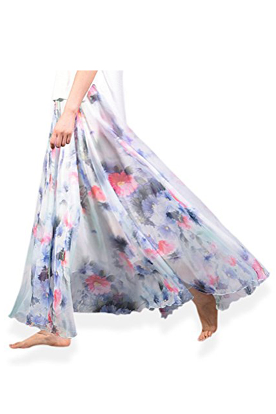 Womens Summer Chiffon Floral Print Maxi Long Skirt, Blue