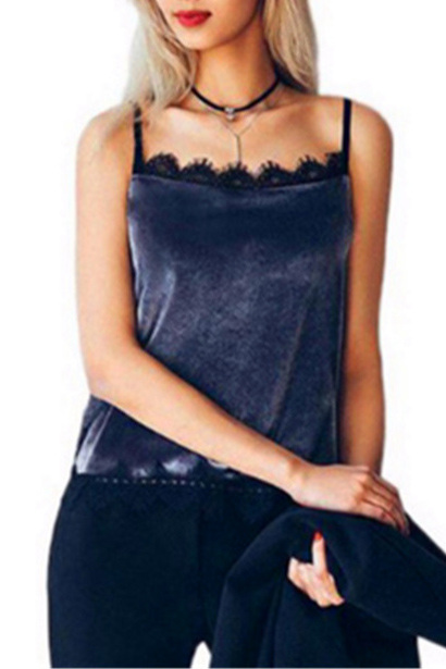 

Sexy Spaghetti Straps Square Neck Lace Patchwork Plain Sleeveless Cami, Blue