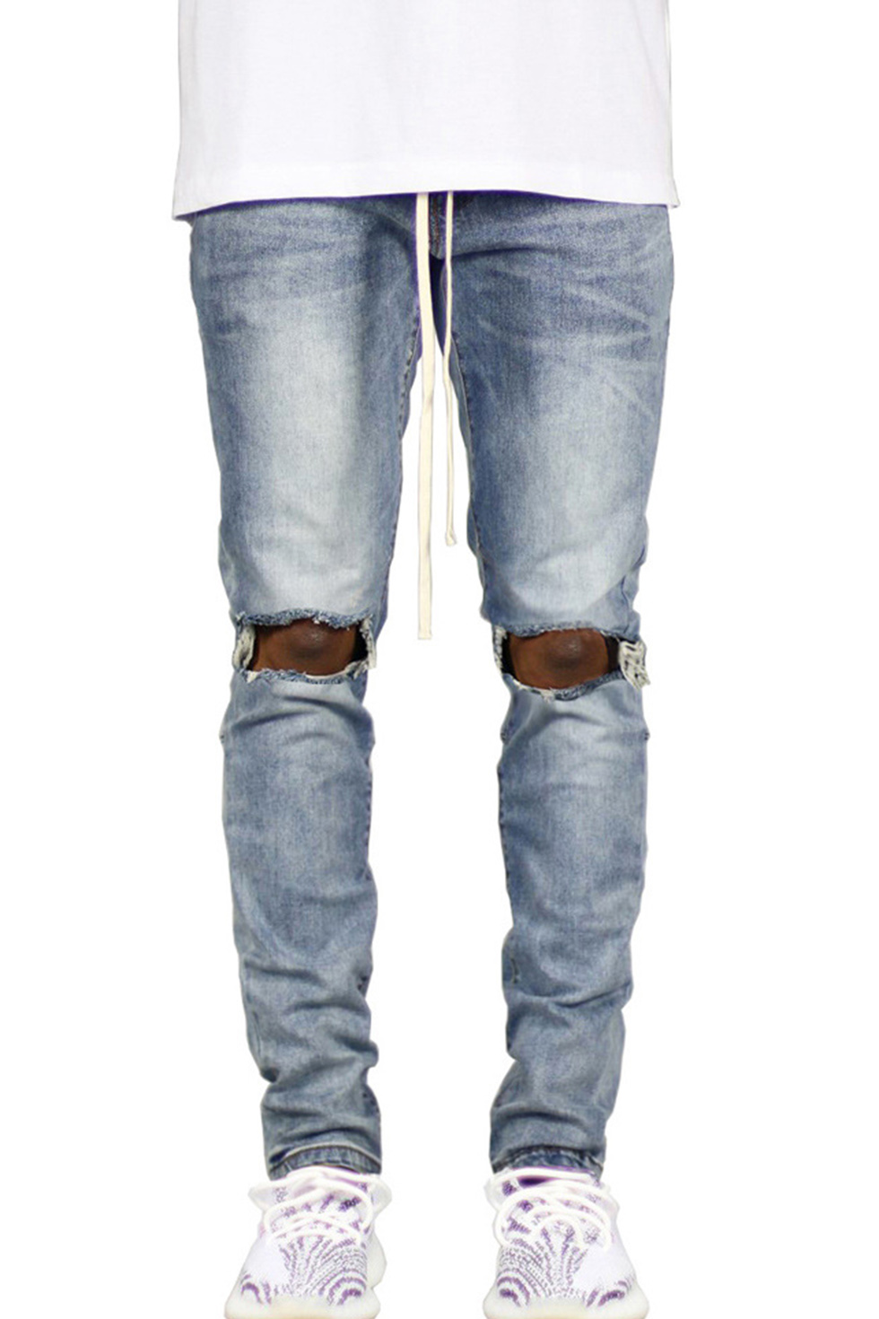 Men S Cool Knee Cut Ripped Slim Fit Drawstring Waist Jeans With