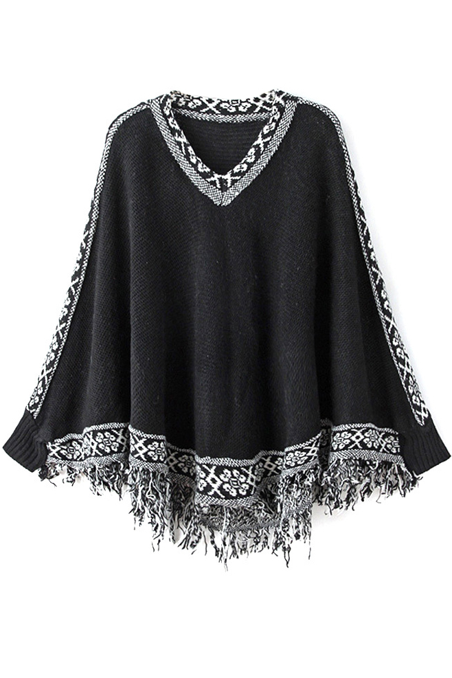 

V-Neck Tassel Hem Tribal Print Long Sleeve Cape, Black