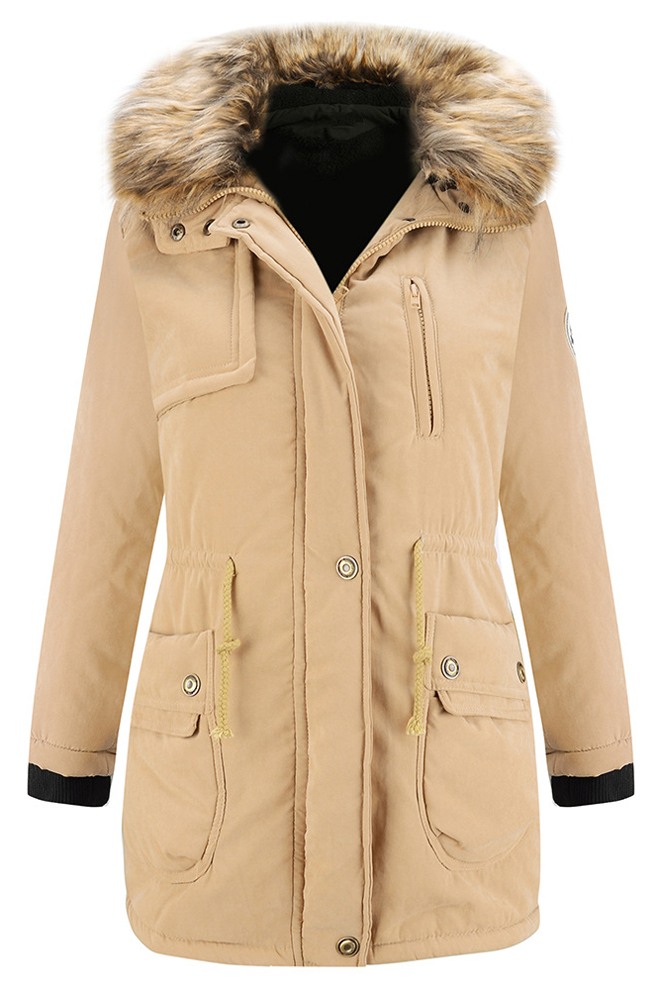 

Winter Fur Hooded Contrast Cuffs Zipper Placket Plain Tunic Padded, Khaki