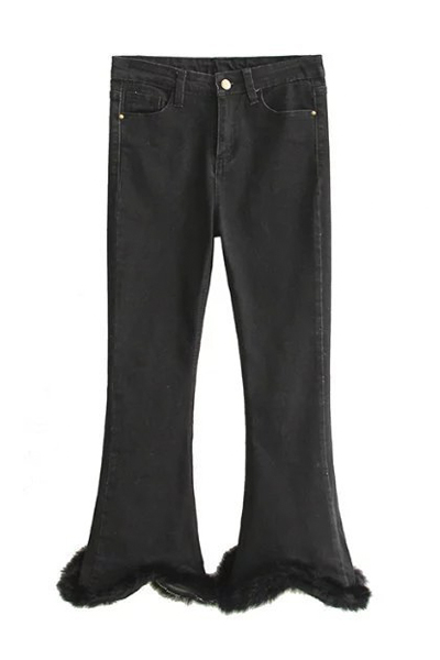 

Women's Fashion Fur Trim Flared Trousers Capri Jeans, Black