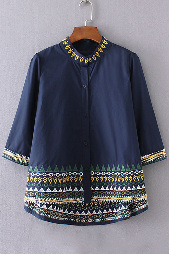 

Embroidery Tribal Pattern Stand-Up Collar Single Breasted 3/4 Length, Navy