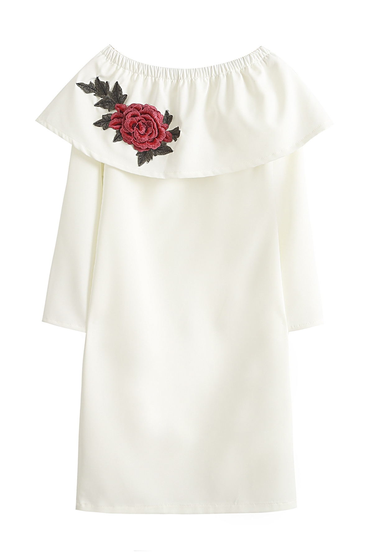 

Women's Boat Neck Long Sleeve Floral Embroidered Pencil Mini Dress, White