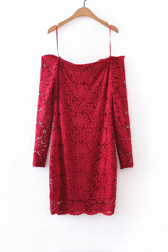 

Sexy Spaghetti Straps Long Sleeve Plain Lace Mini Bodycon Dress, Red