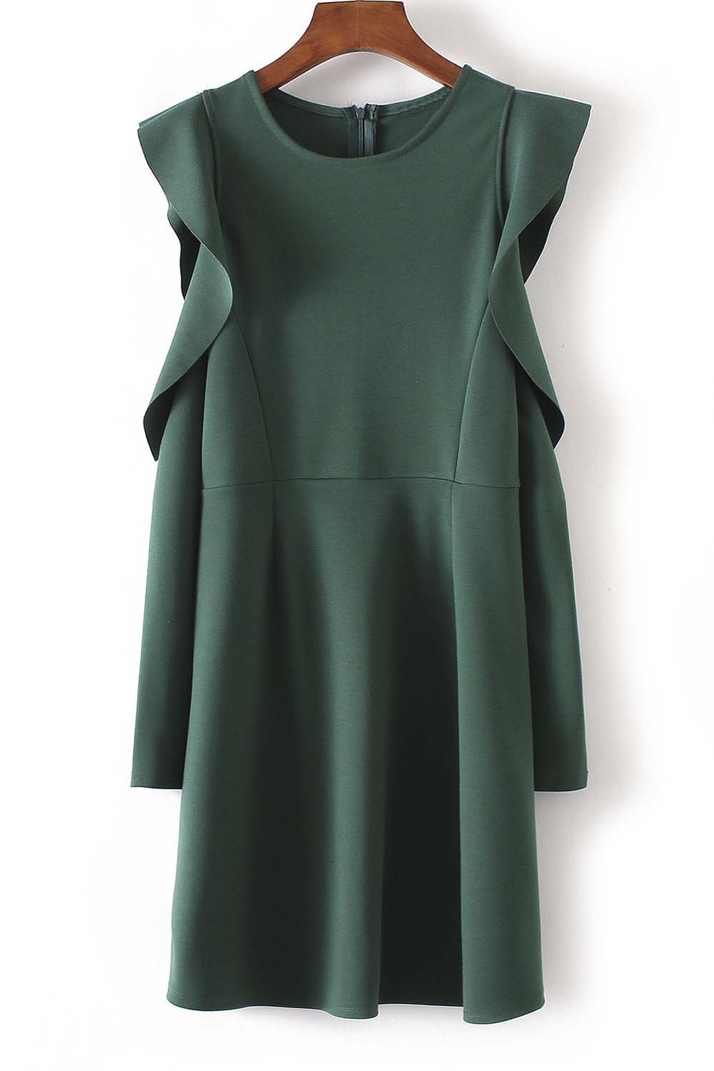 

Fashion Ruffle Sleeve Round Neck Zip-Back Mini Dress, Green