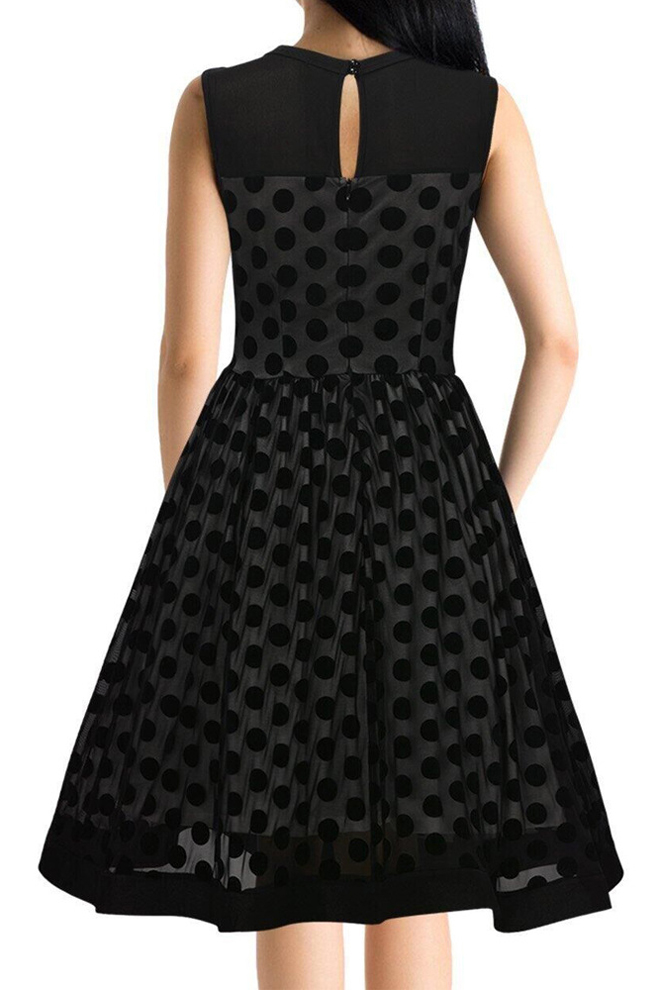 

Retro Style Polka Dot Chiffon Panel Sleeveless Mesh Midi Swing Dress, Black
