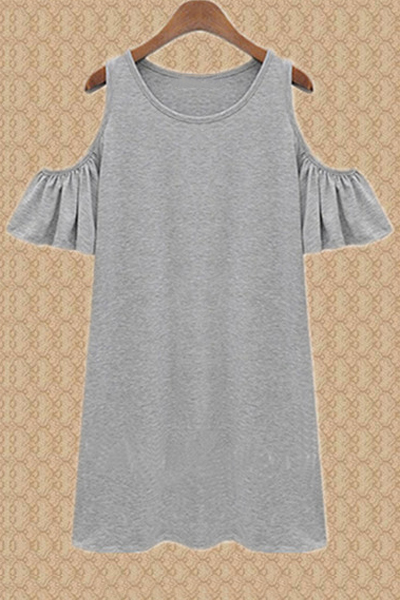 

Fashion Cold the Shoulder Ruffle Short Sleeve Plain A-Line Dress, Gray