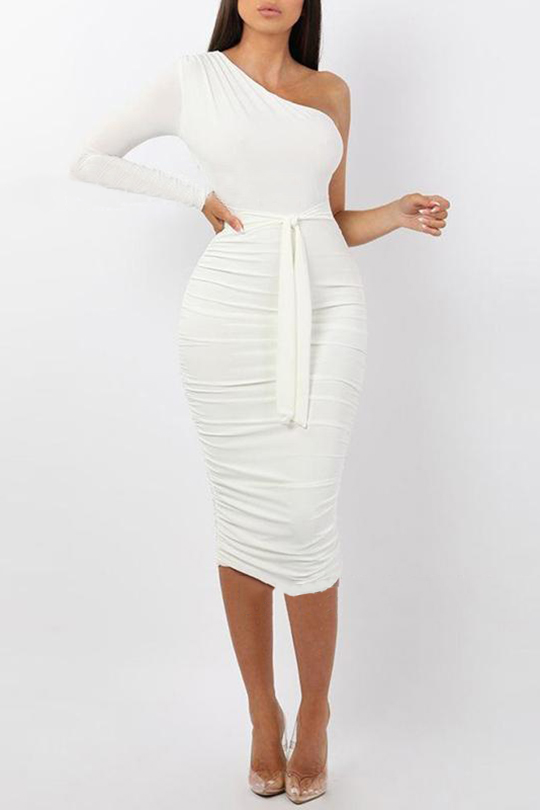 one shoulder white dress midi