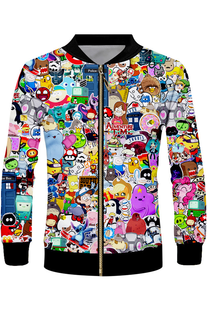 New Fashion 3D Cartoon Comic Character Printed Stand Collar Long Sleeve Zip  Up Jacket 