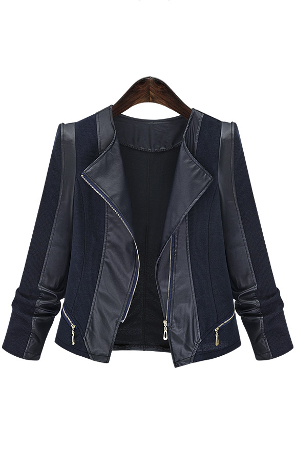 

2016 Fall New Design PU Leather Zip Detail Women Jacket Coat, Black