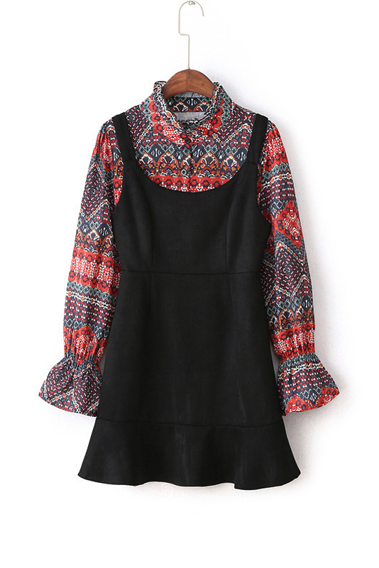 

Floral Print Long Sleeve Blouse Suede Spaghetti Straps Plain Mini Slip, Black