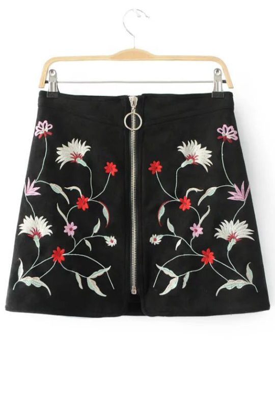 

New Arrival Zipper Front Embroidery Floral Pattern Mini A-Line Skirt, Black