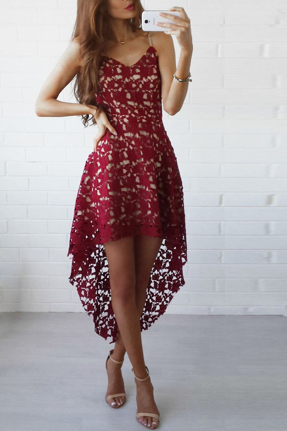 

Glamorous Sleeveless Spaghetti Straps High Low Hem Lace Dress, Burgundy