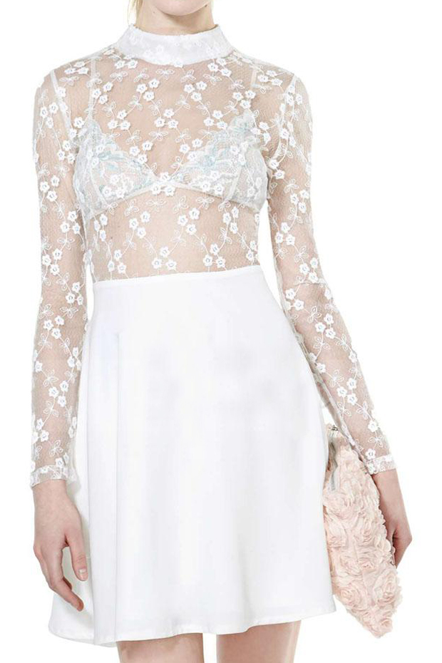 

Semi Sheer Lace Insert Mini Dress with Long Sleeve, White