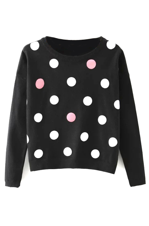 

Round Neck Colored Polka Dot Long Sleeve Cropped Sweater, Black