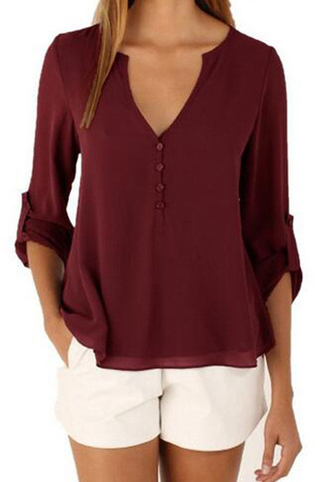 

Women's V-Neck Button Detail Dip Back Solid Blouse Top, Red