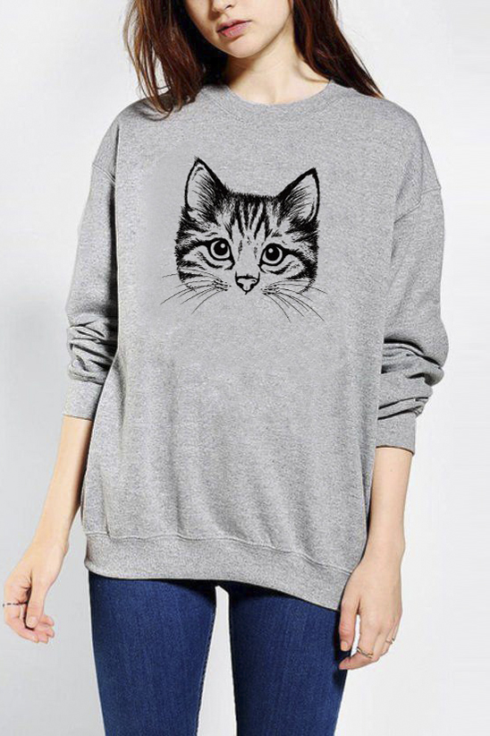 

Women's Cute Cat Print Long Sleeve Round Neck Casual Sweatshirt, Gray