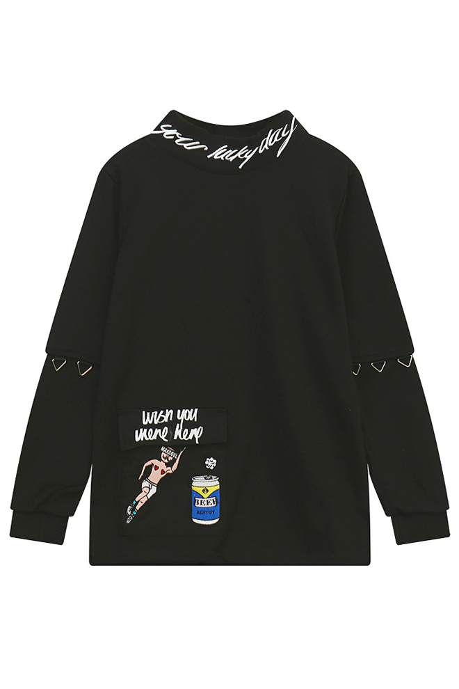 

Loose Letter Printed Embroidery Cartoon Pullover Sweatshirt, Black