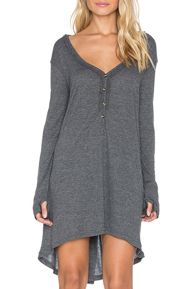 

Women's V-Neck Oversize Loose Long Sleeve Buttons Front Dipped Hem, Gray