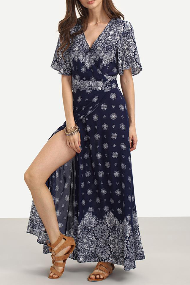 

Chic Elegant V-Neck Wrap Front Floral Printed Color Block Split Side, Navy