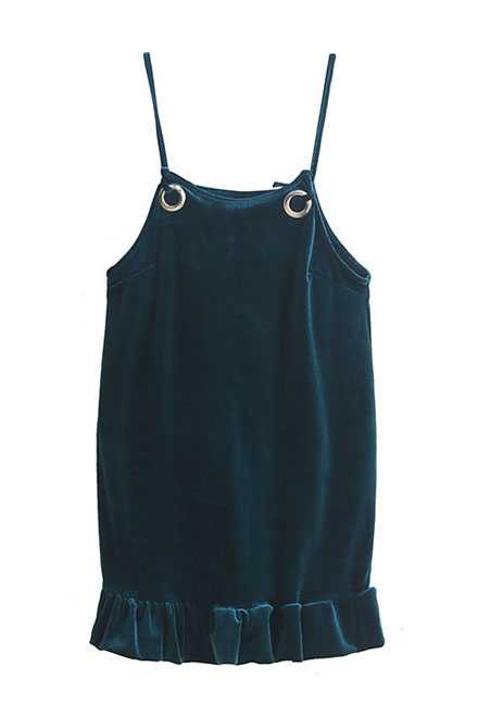 

Sexy Velvet Sleeveless Spaghetti Straps Ruffle Hem Plain Mini Cami, Blue