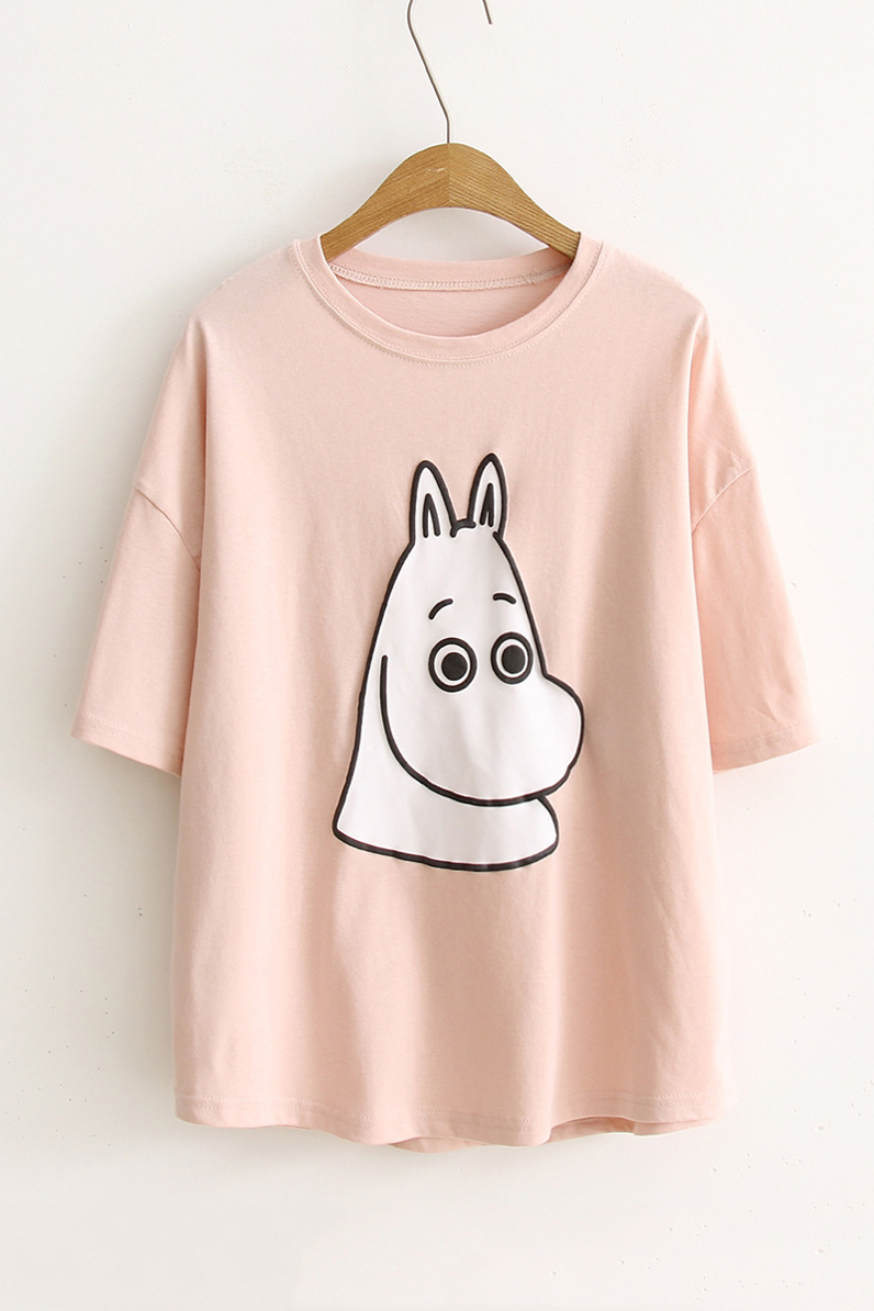 

Lovely Cartoon Animal Printed Short Sleeve Round Neck Off-Duty Tee, Pink