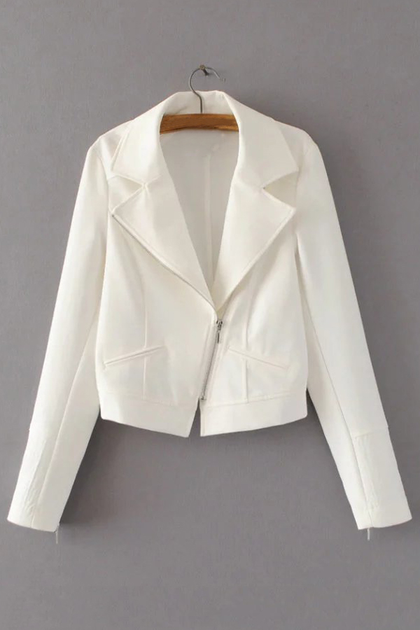 

OL Style Notched Lapel Zipper Placket Plain Zip Cuffs Blazer, White