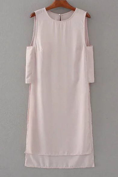 

New Arrival Sleeveless Round Neck High Low Hem Split Sides Plain Dress, Pink