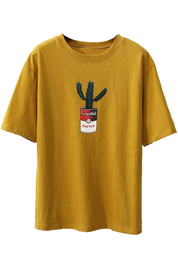 

Chic Cactus Printed Short Sleeve Round Neck Casual Tee, Yellow