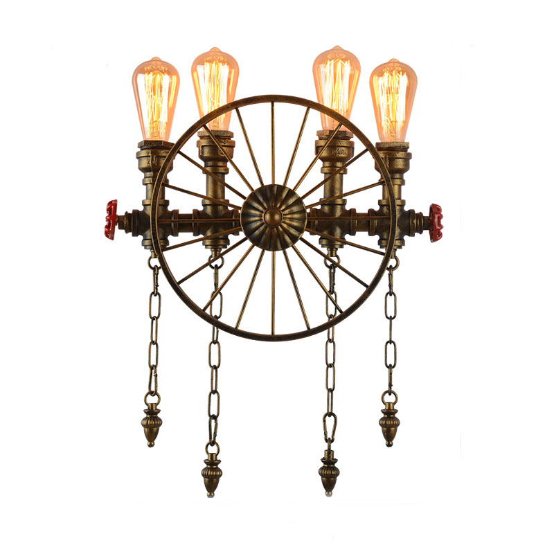 

Four Lights Bronze Wheel Industrial Wall Lamp with Hanging Chains