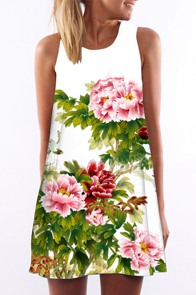 

Women's Round Neck Sleeveless Floral Print Tank Swing Mini Dress, White