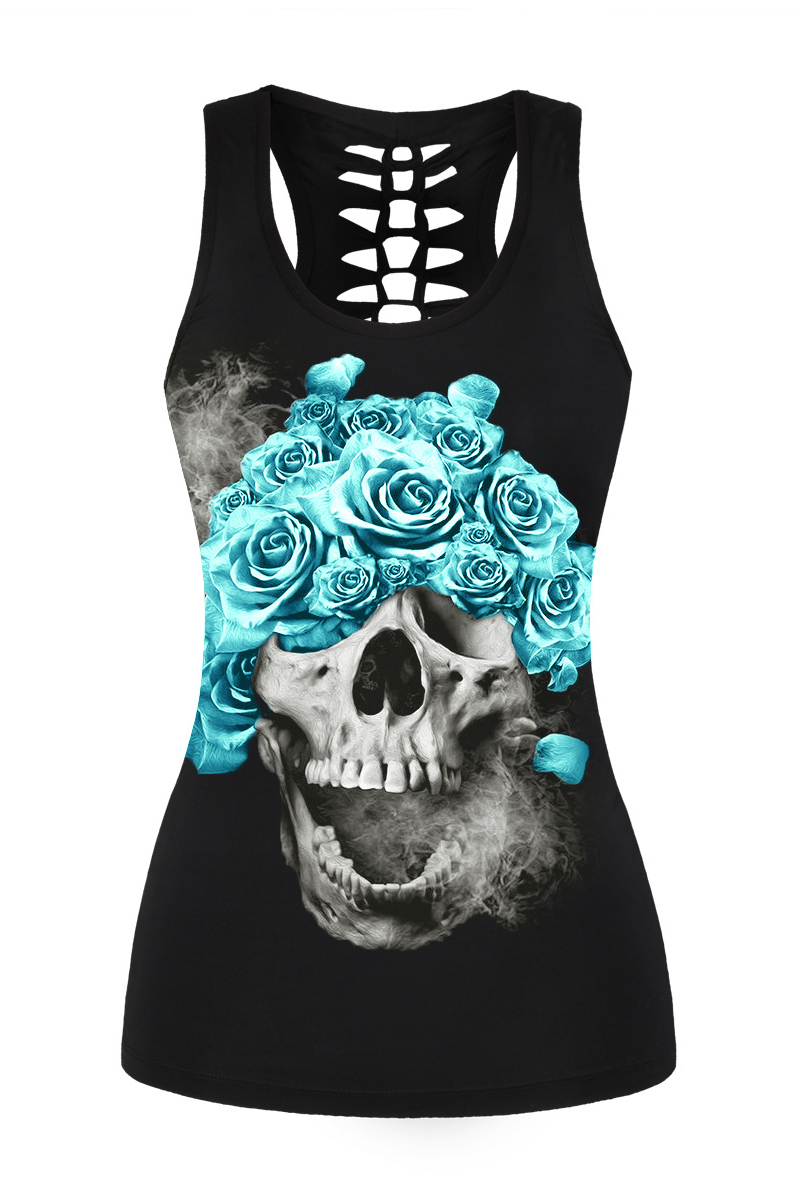 

Floral Skull Printed Hollow Out Back Casual Sports Tank Top, Black