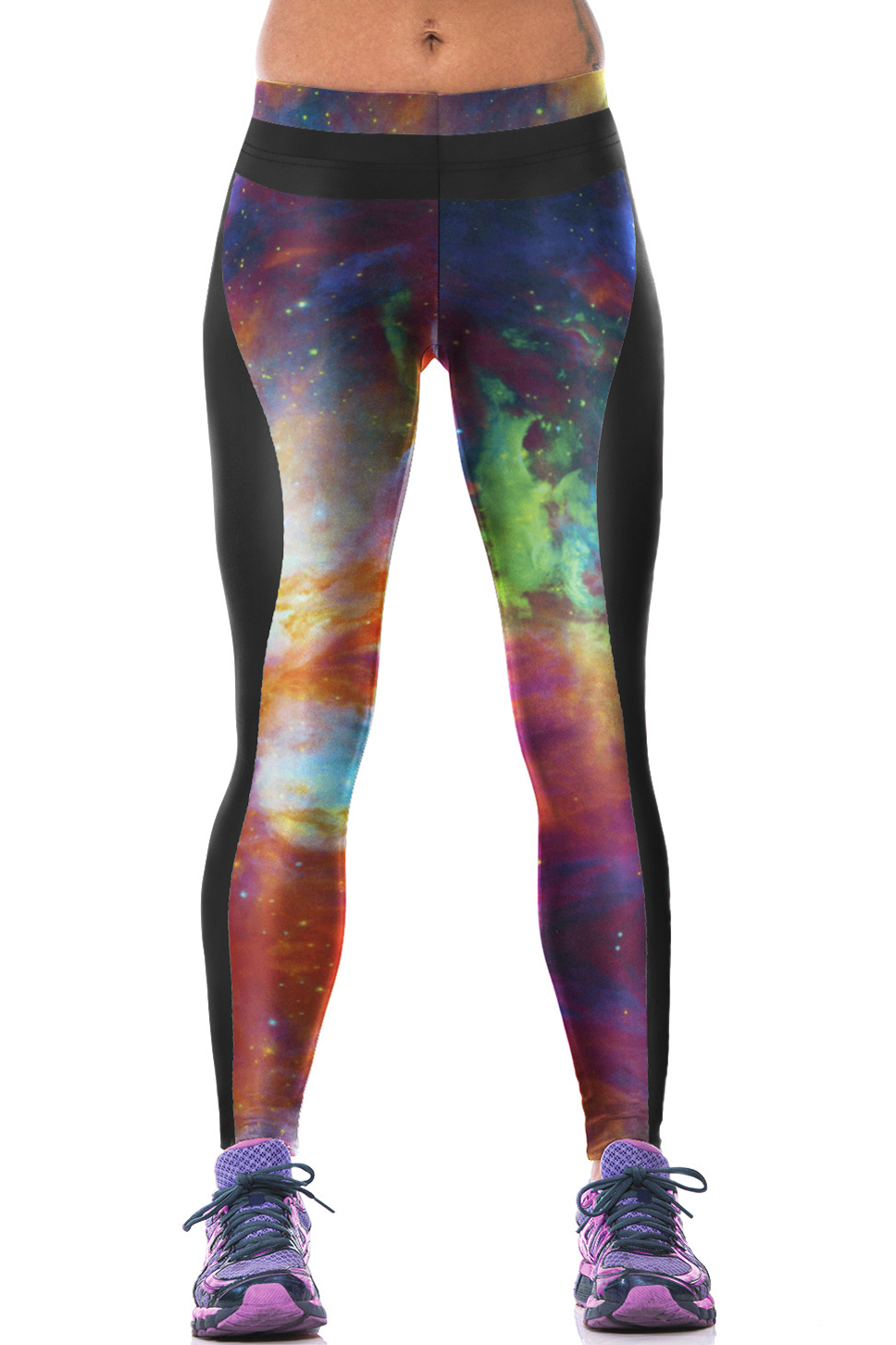 

Elastic Waist Galaxy Print Patchwork Skinny Yoga Leggings, Black