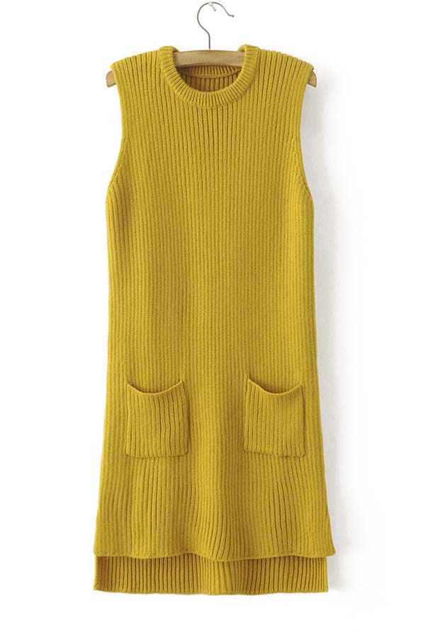 

New Arrival Fashion Round Neck Sleeveless Knit Top Dip Hem Longline, Yellow