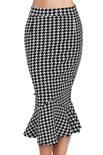 

Women's Fashion Houndstooth Print Fishtail Hem Midi Pencil Skirt, White