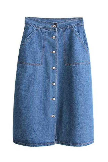 

High Waist Single Breasted Plain Denim Skirt with Two Pockets, Blue