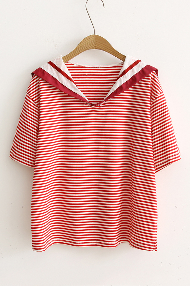 

Sailor Collar Short Sleeve Nautical Striped Printed Cotton Leisure Tee, Red