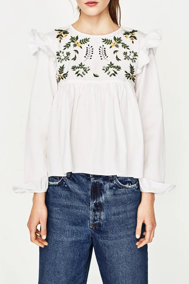 

Floral Embroidered Ruffle Hem Round Neck Long Sleeve Leisure Pullover, White