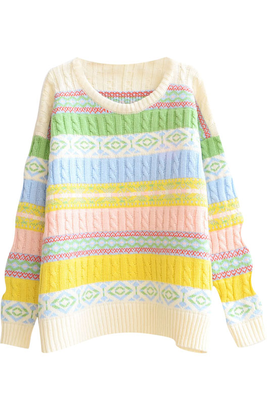 

Geometric Horizontal Color Block Round Neck Long Sleeve Sweater, Colorful