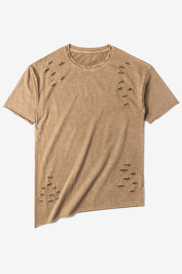 

New Fashion Ripped Slanting Hem Round Neck Short Sleeve Street Style, Khaki