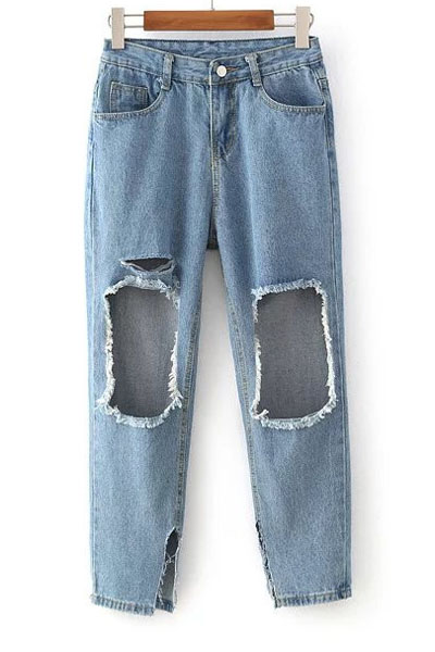 

New Arrival Stylish Boyfriend Style Cut Out Ripped Slit Side Jeans, Blue